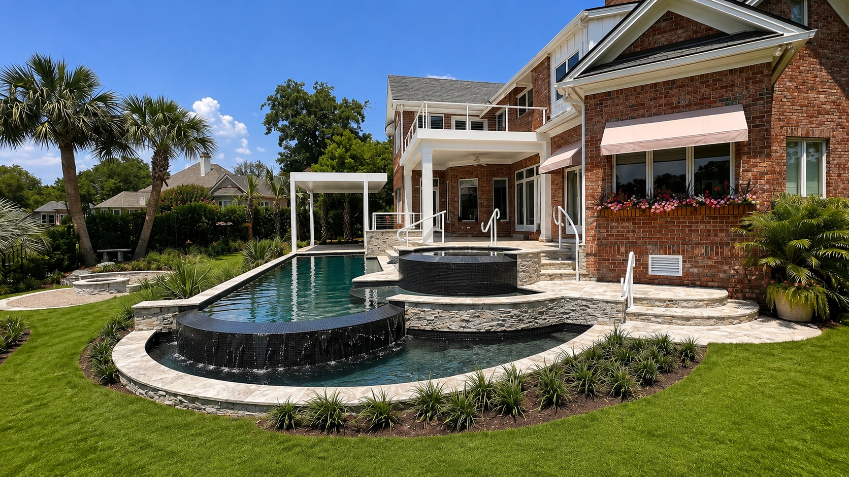 Brick and stone veneer on luxury residential home with pool in Wilmington NC