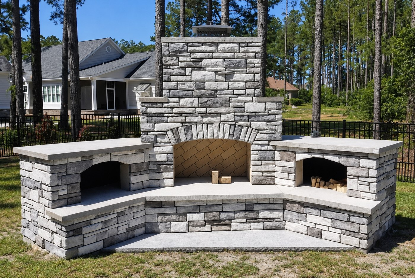 Custom outdoor stone fireplace with seating wall